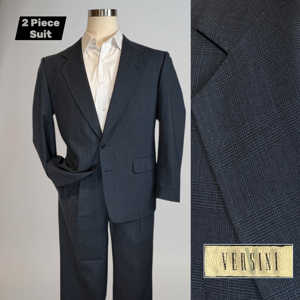 Versini Mens 40S 34x28 Midnight Navy Blue Tonal Glen Plaid Suit Twist Tech